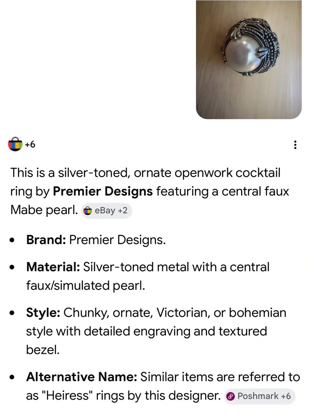 Vintage Premier Designs Silver Ornate Statement Ring Gaux Pearl BOHO